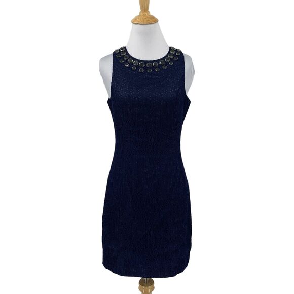 Trina Turk Dress Womens 0 Navy Sheath Lace Beaded Neckline Back Zip Fully Lined - Picture 1 of 13